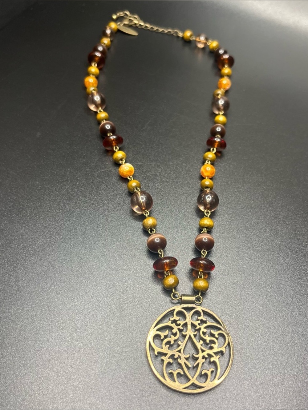Boho Filigree Pendant Necklace in Amber and Gold Tones. Marked NY